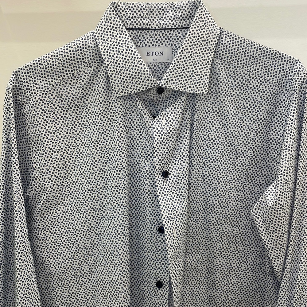 Eton Casual Oxford Shirt, White Base with Blue Flower Print